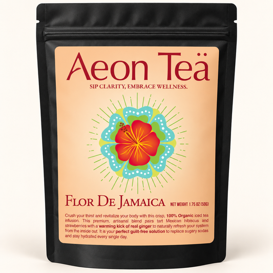 Flor de Jamaica pouch with readable original peach label